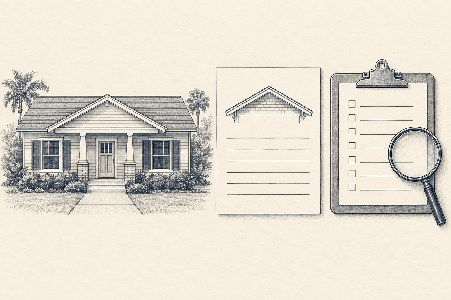 Ink-and-cream field-guide illustrations of a home, a findings sheet, and a checklist
